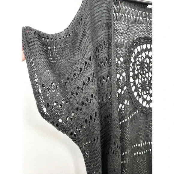 Womens Sleeveless Long Crochet Shawl Open Cardigan Cover Up Fringe Gray Sz S - Picture 9 of 12